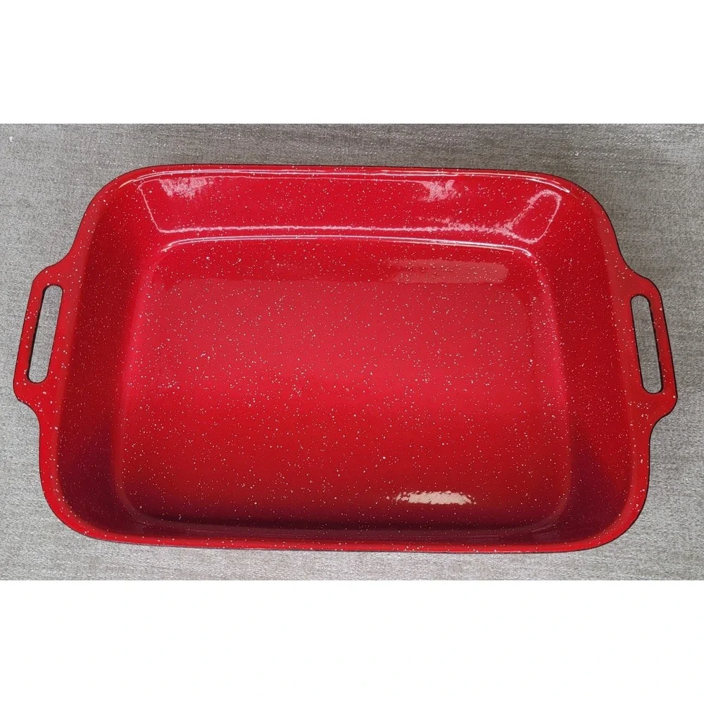 Crate and Barrel Tinware Red White Spatter Enamelware 12 1/2